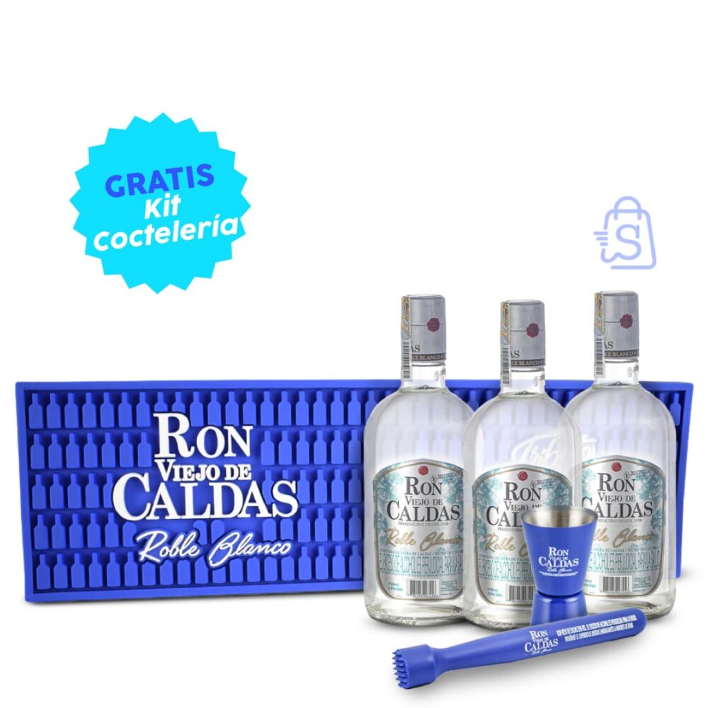 701588 Promo 3 Ron Viejo de Caldas Roble Blanco 750 ml Kit Cocteleria min